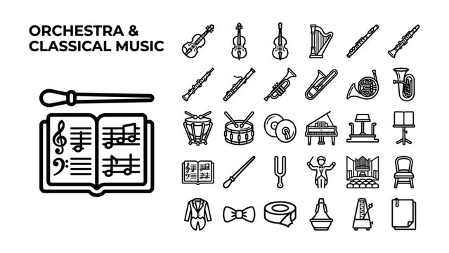 Orchestra and Classical Music Iconography: A collection of stylized line art icons representing various elements of orchestra and classical music, including instruments, conductor, and sheet music.