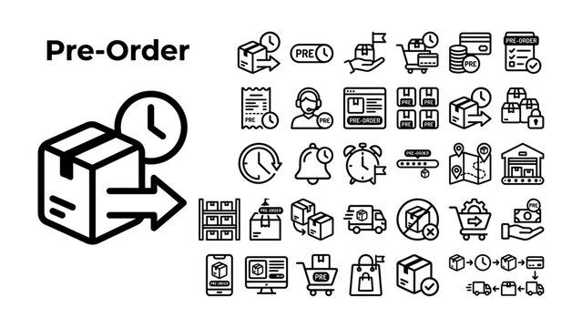Pre-Order Icons and Graphics: A collection of line icons illustrating the pre-order process, including shipping boxes, clocks, shopping carts, and delivery vehicles.