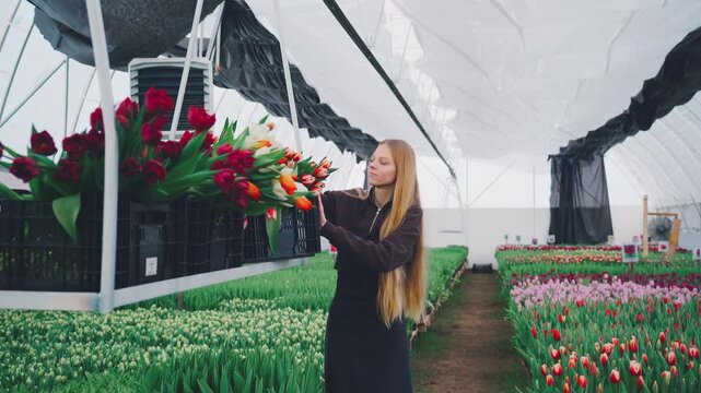 Young woman harvesting tulips inside bright greenhouse, framed by stacked crates and long flower rows in calm floriculture workspace. Growing flowers in a controlled greenhouse environment.