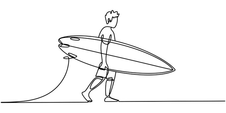 A continuous single line drawing of a man carrying a surfboard while walking to the beach isolated on a white background Vector, illustration