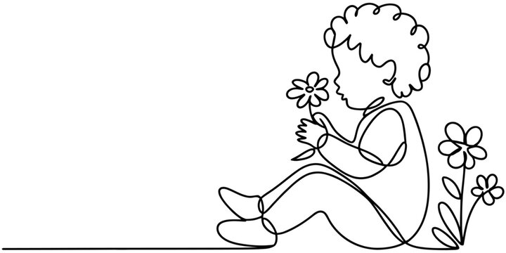 Continuous single line drawing of a cute baby sitting and smelling a flower Vector, illustration