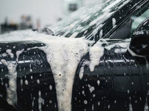 snow foam car detailing macro Black car covered in soapy foam during a wash in a garage setting.