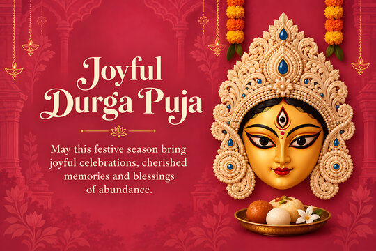 Joyful goddess durga face with ornate crown sweets marigold garlands and red background celebrating durga puja and navratri festive blessings design artwork