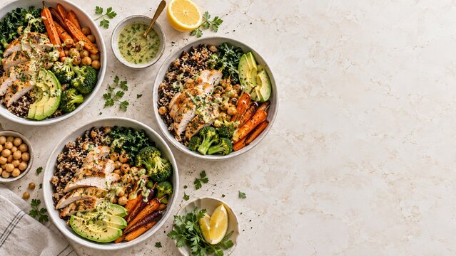 Dairy free lunch bowls arranged for weekly meal prep on a neutral counter