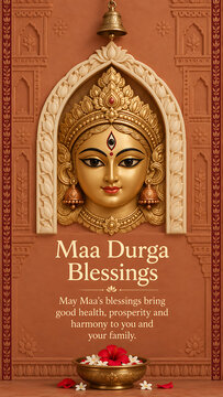 Golden goddess durga relief portrait with temple arch bell flowers and terracotta background for durga puja and navratri sacred blessing greeting design