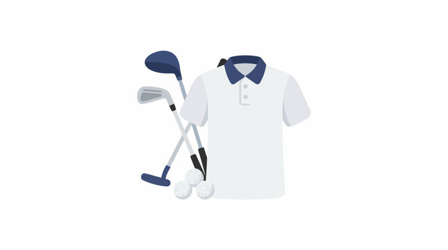 Golf clubs and a white polo shirt are arranged against a plain white background presented as a vector illustration golfing golfer irons