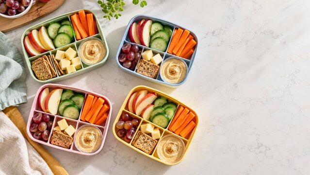 Healthy snack boxes arranged for school day preparation on a family counter