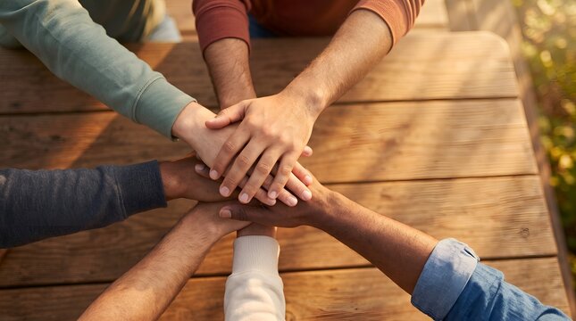 Diverse business team stacking hands together on wooden table representing corporate unity and collaborative success