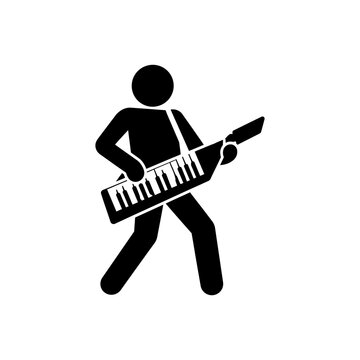 Pictogram icon of a man walking while playing a keytar, representing a modern electronic keyboard performance.