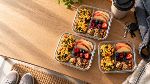 Commuter breakfast boxes packed for travel mornings on a compact entry table