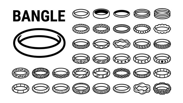 Set of Bangle Illustrations: A collection of hand-drawn outline illustrations showcasing a variety of intricately designed bangles, offering a glimpse into traditional and modern jewelry aesthetics.