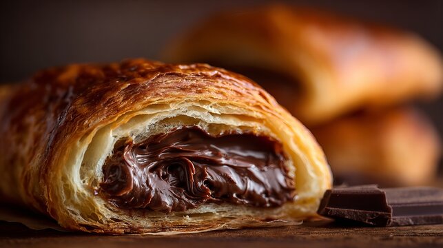 Golden croissant revealing rich dark chocolate filling rests on rustic wood, representing a delectable pastry concept for bakery advertising