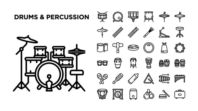 Drum Kit and Percussion Icons: A comprehensive collection of drum and percussion instruments, presented as a vector graphic with a drum kit on the left and various percussion icons on the right.