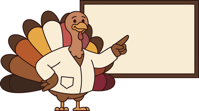 Cartoon turkey teacher presenting to a blank whiteboard in a classroom