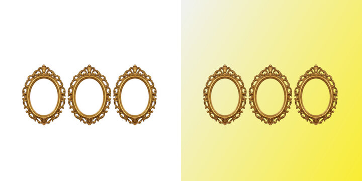 Three golden antique picture frames in classic ornate style