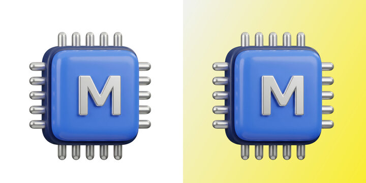 Blue computer microchip processor icon with letter m 3d