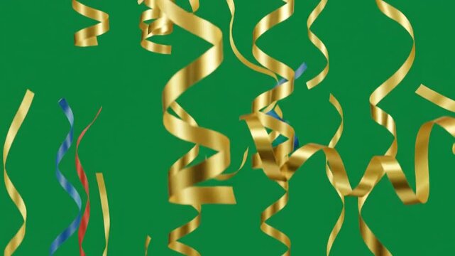 Festive golden streamers falling against a solid green screen background for celebration and party video editing overlays