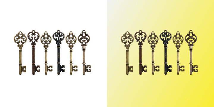 Six antique skeleton keys in a row isolated flatlay