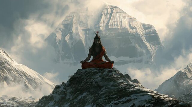 Shiva meditating on Mount Kailash during daylight in the Himalayas. High quality 4k footage