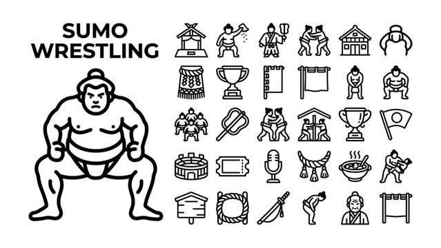 Sumo Wrestling Icons and Illustration: A collection of black and white icons and a central illustration depicting the sport of sumo wrestling, including wrestlers, a sumo ring, and cultural symbols.