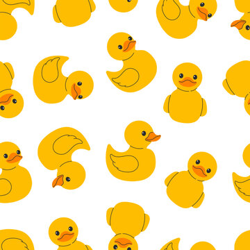 Seamless pattern of yellow rubber ducks in various poses on white background, cute repeat print. Flat vector illustration