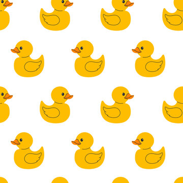 Seamless pattern of identical yellow rubber ducks in side profile on white background, simple repeat print. Flat vector illustration