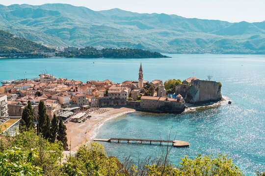 Scenic old town borders the Adriatic sea in Montenegro
