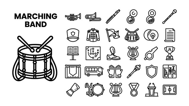 Marching Band Icons: A collection of line art icons representing various elements and instruments associated with marching bands, including drums, trumpets, batons, uniforms, and trophies.