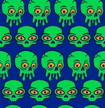 Hand drawn Halloween pattern with green skulls