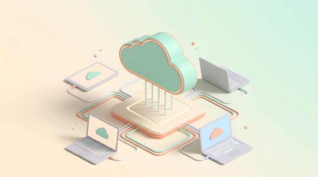 Cloud computing network connecting multiple devices representing central database backup and remote data synchronization