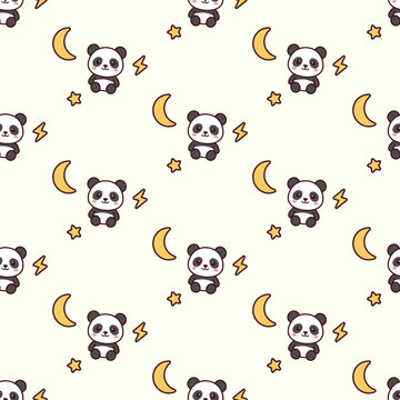 Cute kawaii panda seamless pattern with moon and stars