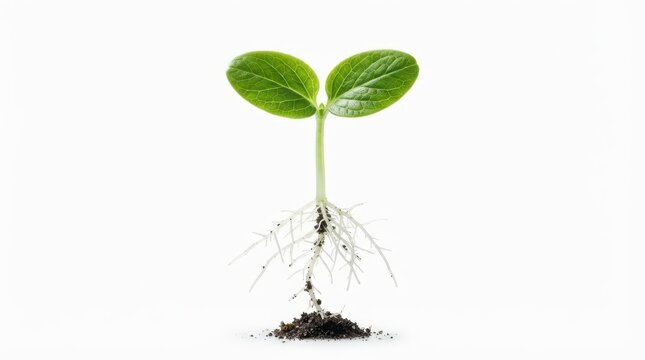 Small green plant seedling with visible roots in soil isolated on white background
