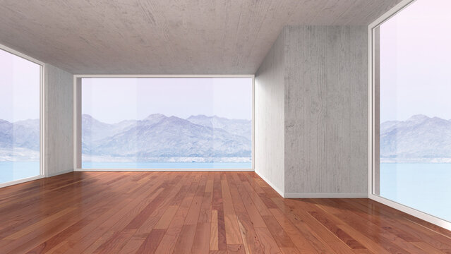 Empty room with parquet flooring, 3D rendering