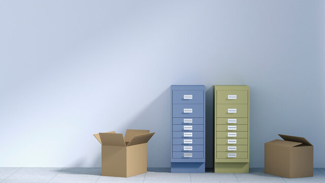 Two drawer cabinets and two cardboard boxes in an empty office, 3D Rendering