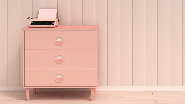 Typewriter on pink commode, 3D Rendering