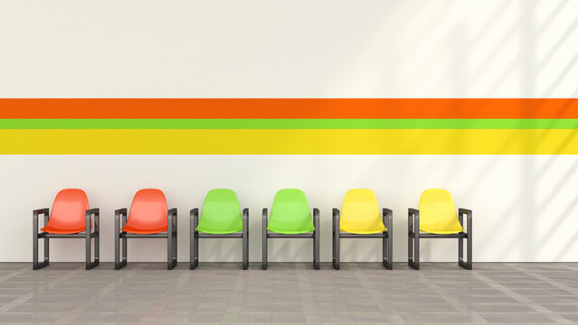 Row of coloured chairs in waiting room, 3D Rendering