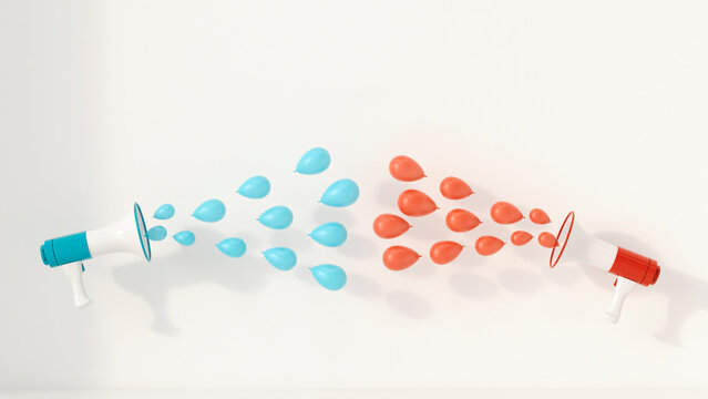 Two megaphones with balloons as sound waves, 3d rendering