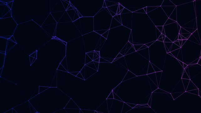 Abstract Futuristic Neon Low Poly Network. Seamless Looping Glowing Communication Plexus Background. 4K Motion.