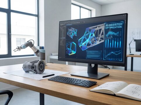 Engineer and AI Assisted Optimization Workspace with Robotic Arm and Generative Design Software