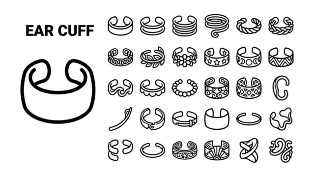 Ear Cuff Collection: A detailed illustration showcasing a variety of unique ear cuff designs, from minimalist to intricately patterned, presented as a collection of fashionable ear jewelry.