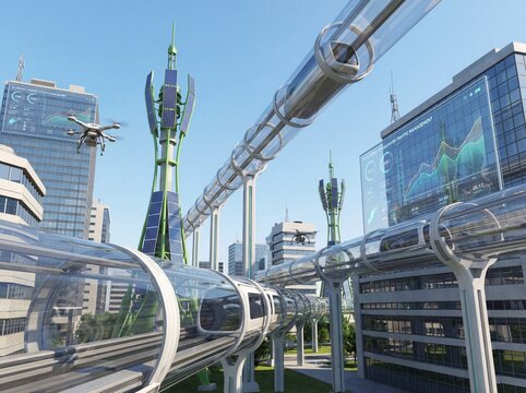 Engineer and AI Future Smart City with Hyperloop Tubes and Drones