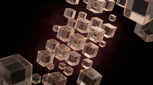Translucent glass cube blocks floating in dark space representing blockchain technology decentralized network and data storage