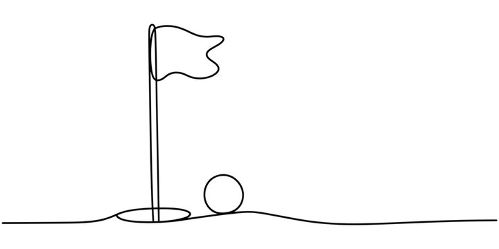 Continuous single line drawing of a golf ball and a flag pole on a putting green hole Vector, illustration