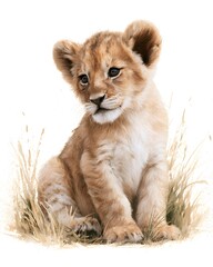 Fototapeta premium Lion cub sitting in tall grass on white
