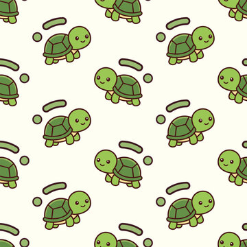 Seamless pattern of cute green cartoon turtles on yellow backdrop