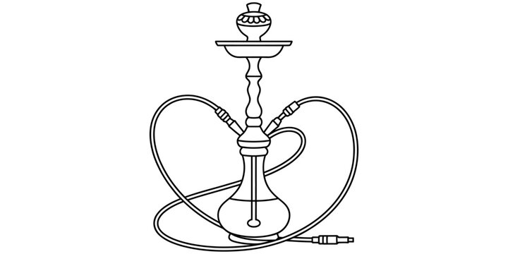 Black and white line art illustration of a traditional hookah water pipe with two hoses Vector, illustration