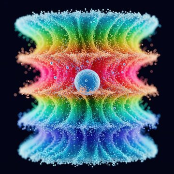 A complex digital visualization of microscopic particles swirling through turbulent fluid layers in a multi-phase computational simulation, research, motion, simulation