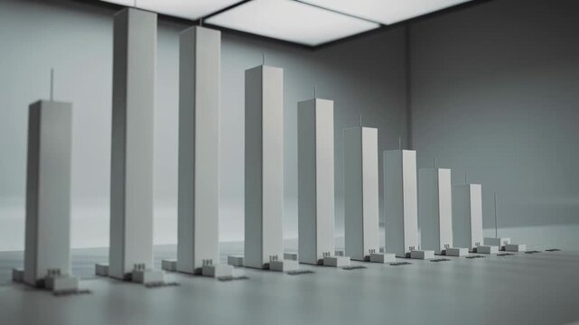 Sliding camera starting, revealing taller central blocks on studio tabletop, showing numbered bases