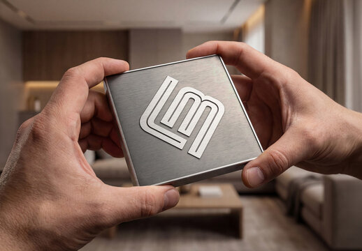 Man&rsquo;s Hands Holding Silver Metal Plate Logo Mockup