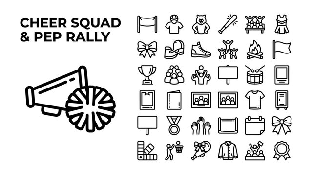 Cheer Squad and Pep Rally Icons: A collection of graphic icons representing elements of cheerleading, pep rallies, and sports events, featuring megaphones, trophies, pom-poms, flags, and more.
